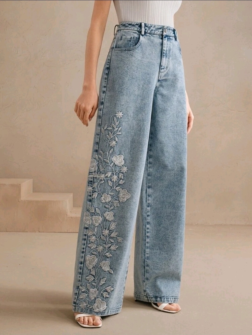 Wide Leg Embroidered Light Blue Jeans - Women
